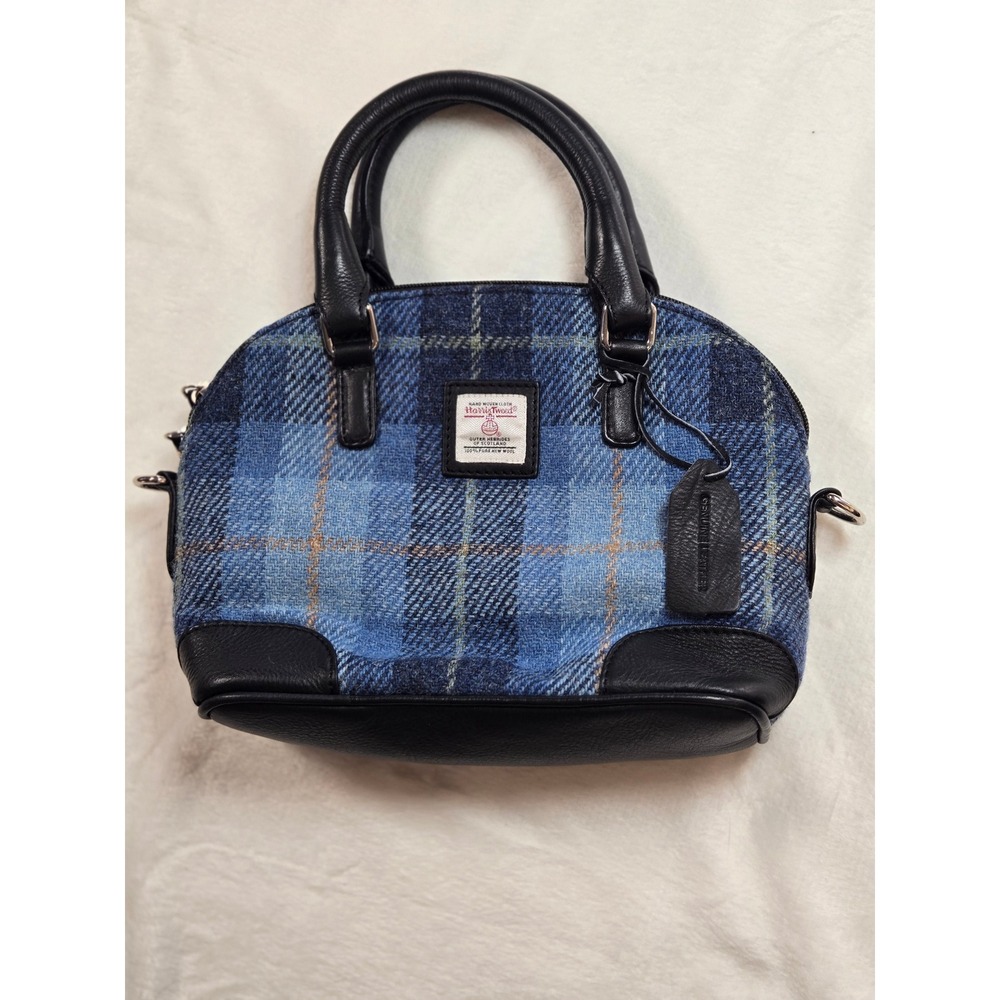 Harris Tweed Blue Plaid Wool Dome Satchel Bag Black Leather Trim Scotland Handba